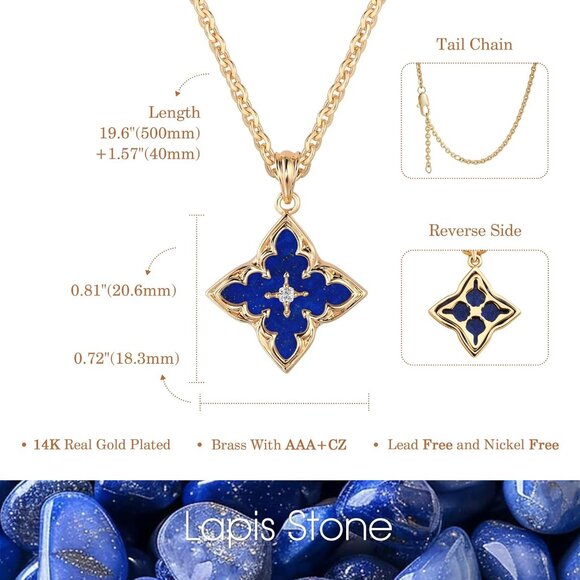 Gold Clover Necklace Women Dainty 14K Gold Dark Blue Pendant Adjustable Chain - Picture 6 of 7